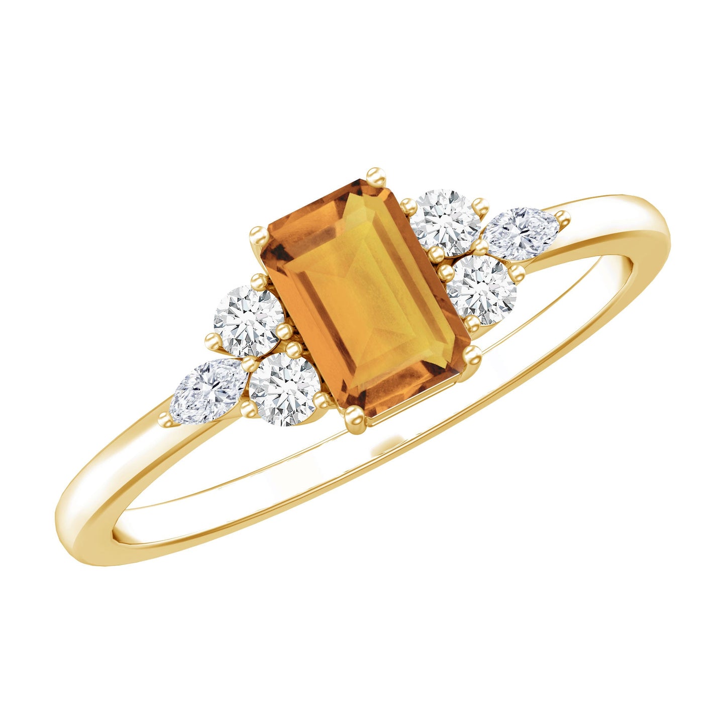 Natural 0.6 Carat Citrine Emerald Cut Engagement Ring with Diamond Trio