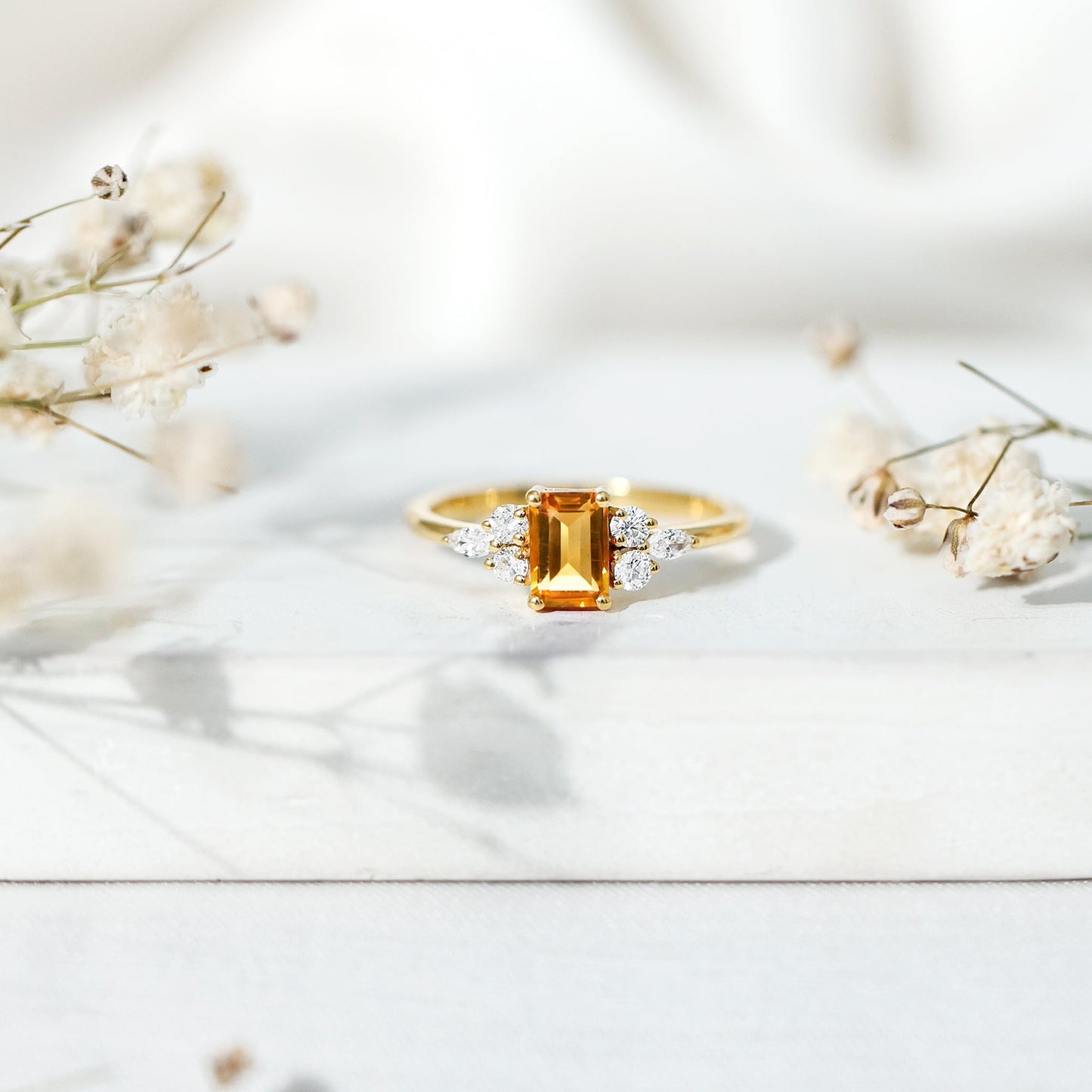 Natural 0.6 Carat Citrine Emerald Cut Engagement Ring with Diamond Trio