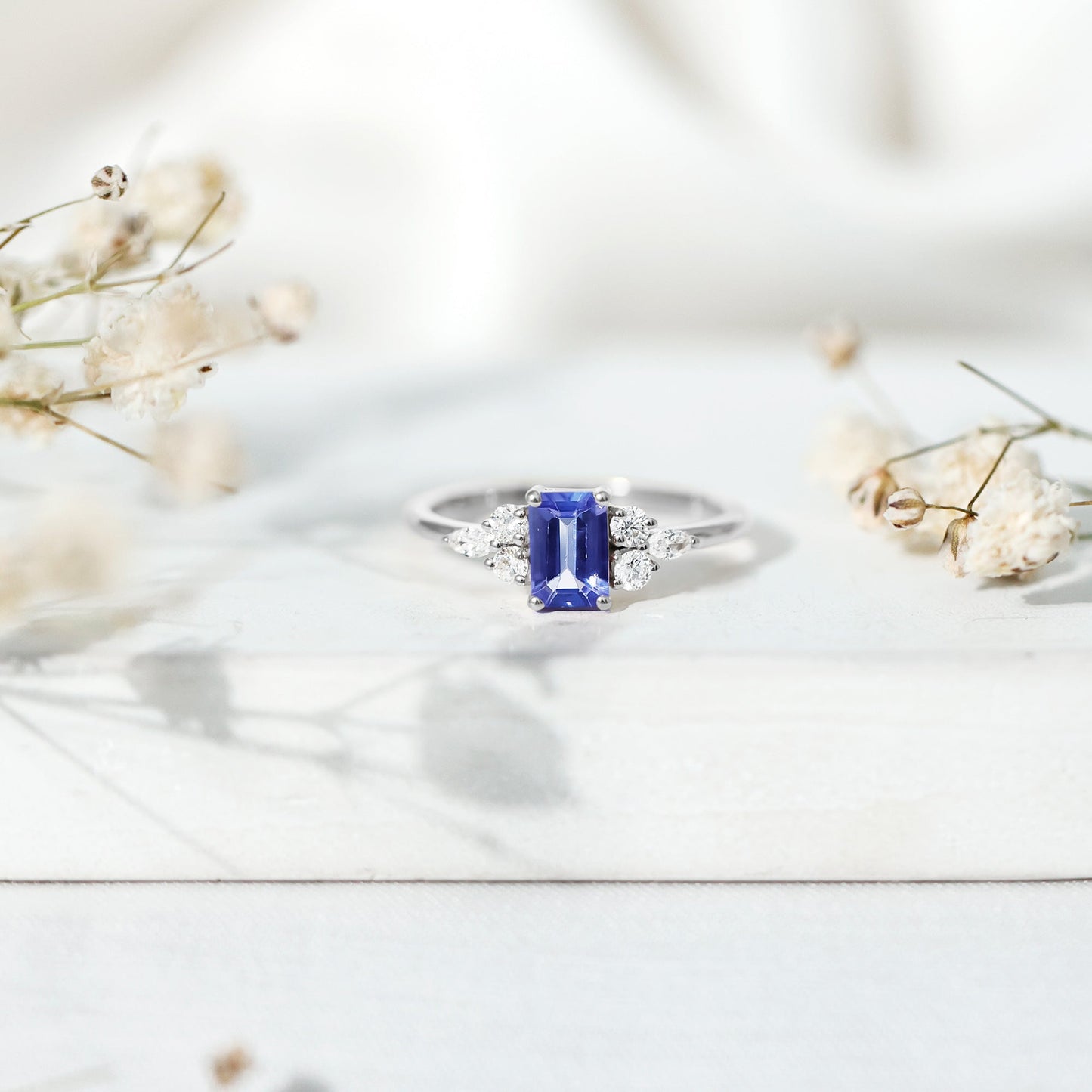 Genuine Tanzanite and Diamond Emerald Cut Engagement Ring in Silver