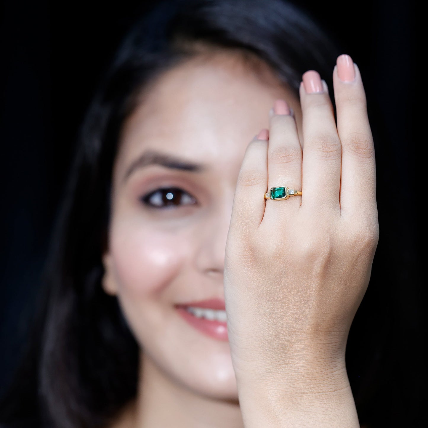 1 Carat Lab Grown Emerald 3 Stone Engagement Ring with Diamond in East West Style