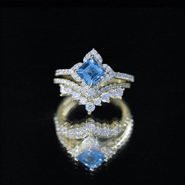 Genuine Princess Cut Swiss Blue Topaz Floral Wedding Ring Set in Silver