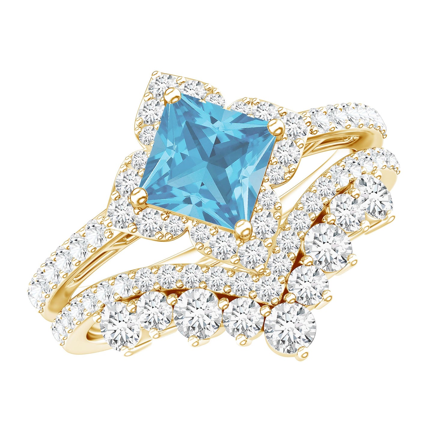 Genuine Princess Cut Swiss Blue Topaz Floral Wedding Ring Set in Silver