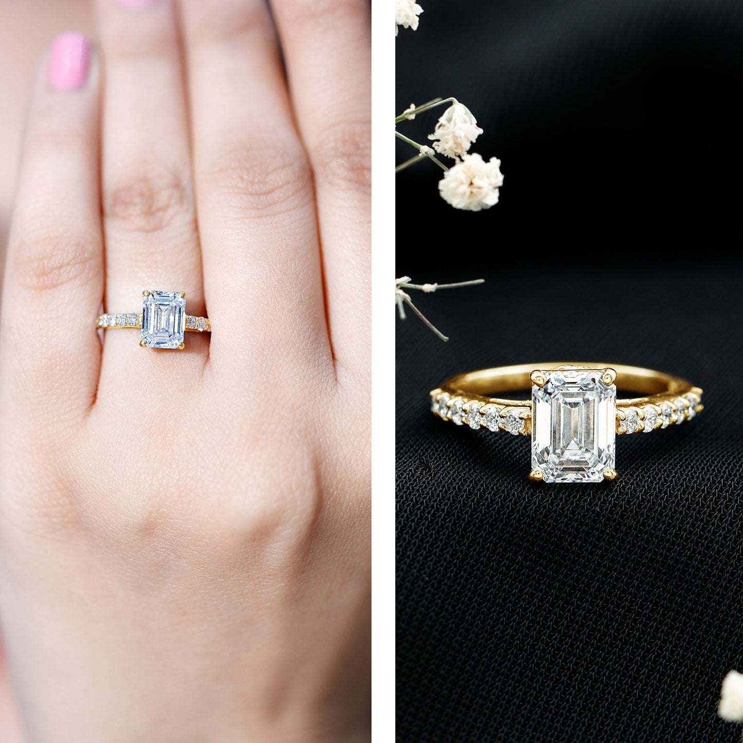 Diamond Emerald Cut Engagement Ring With Hidden Halo