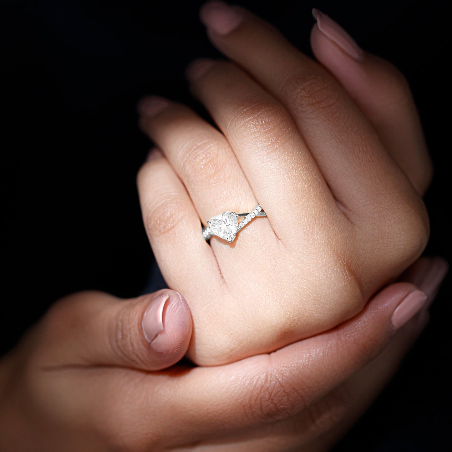 Lab Created Diamond Heart Crossover Engagement Ring