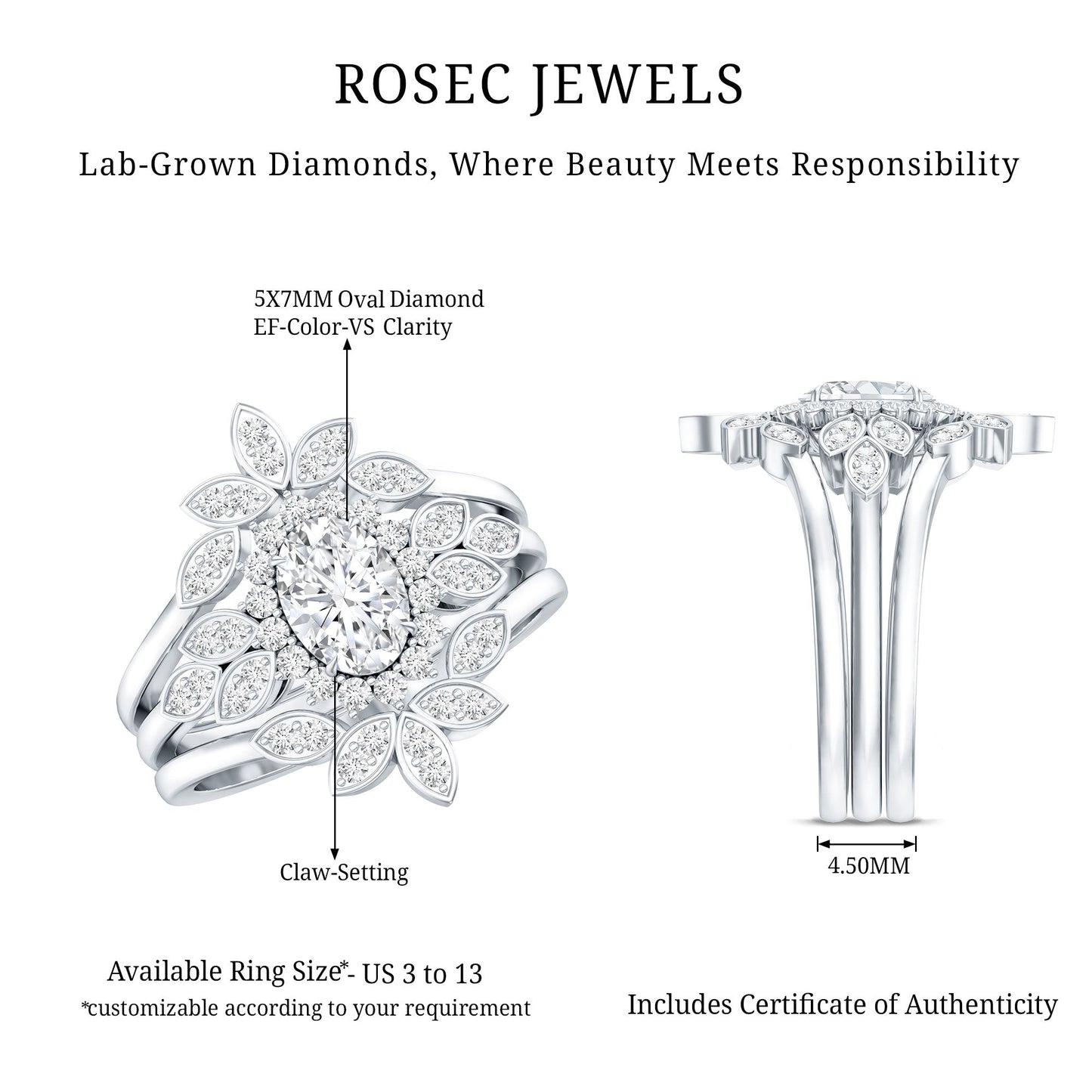 0.7 Carat Lab Grown Diamond Vintage Engagement Ring with 2 Wedding Bands
