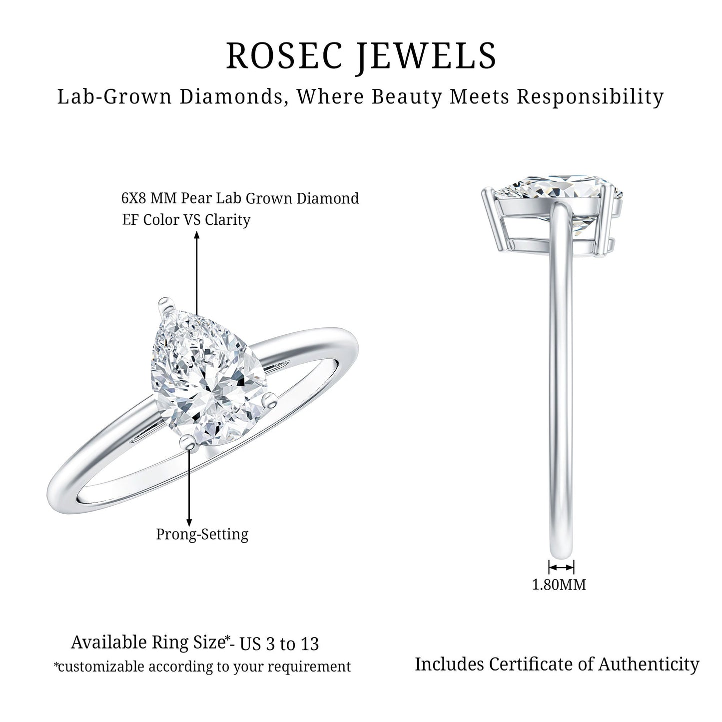 Single Stone Lab Grown Diamond Pear Engagement Ring