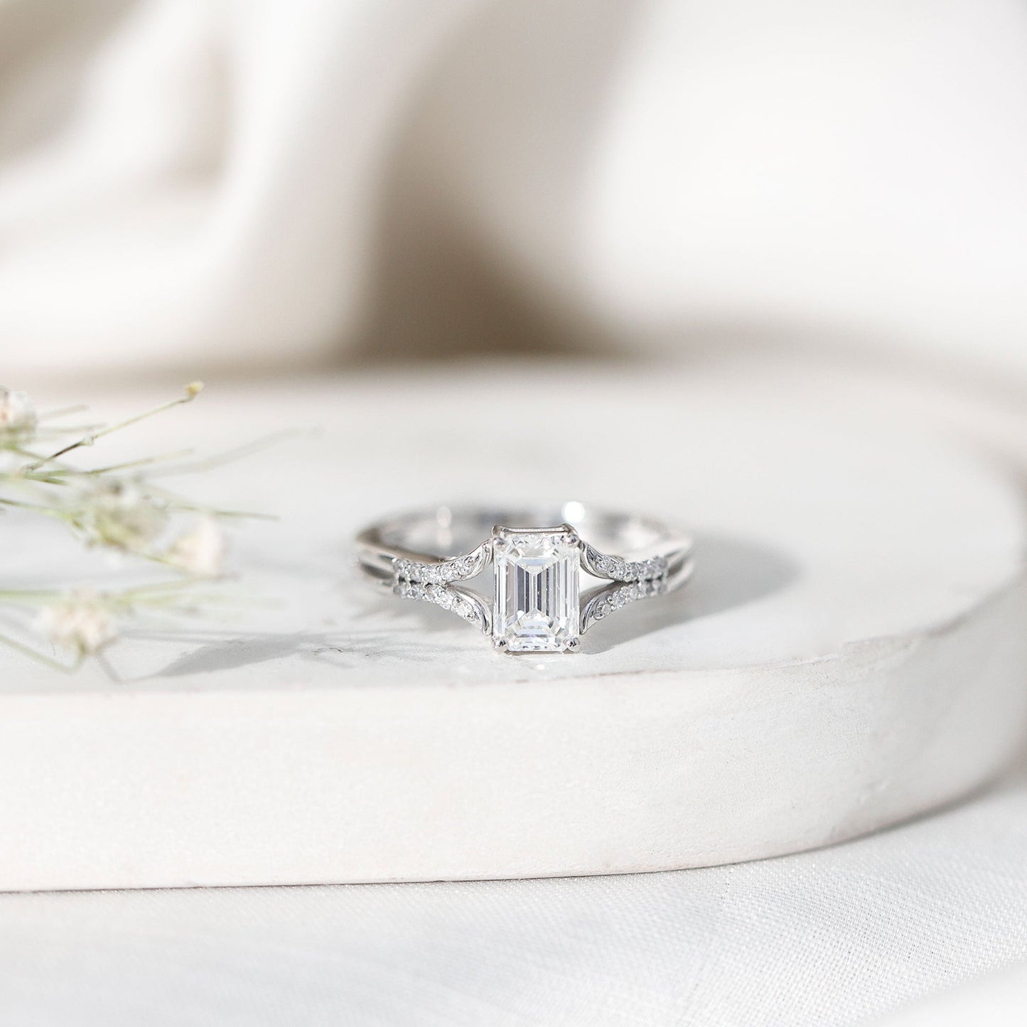 Emerald Cut Lab Diamond Engagement Ring With Split Shank Ring