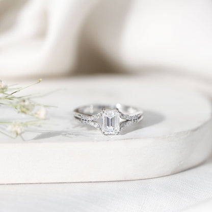 Emerald Cut Lab Diamond Engagement Ring With Split Shank Ring