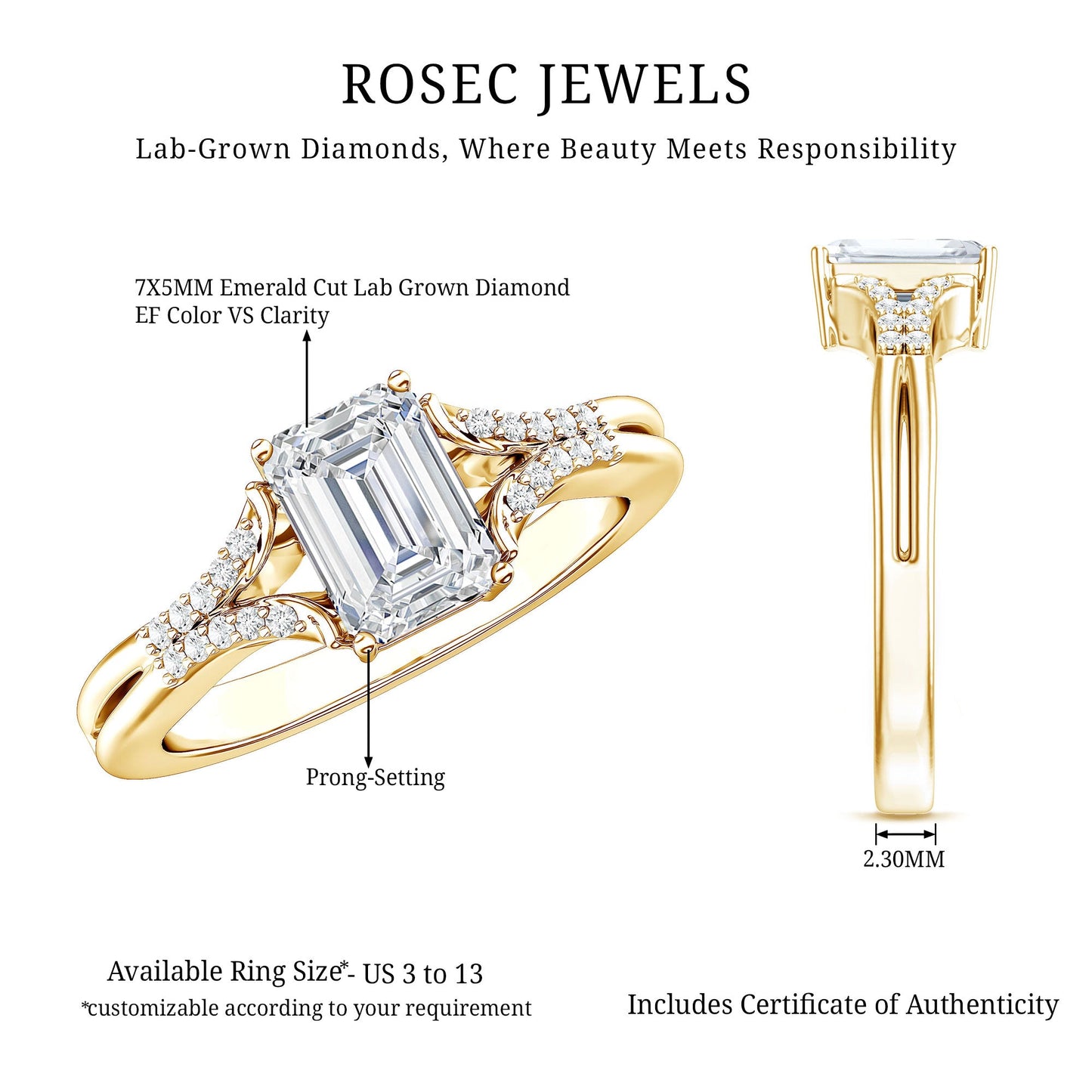 Emerald Cut Lab Diamond Engagement Ring With Split Shank Ring