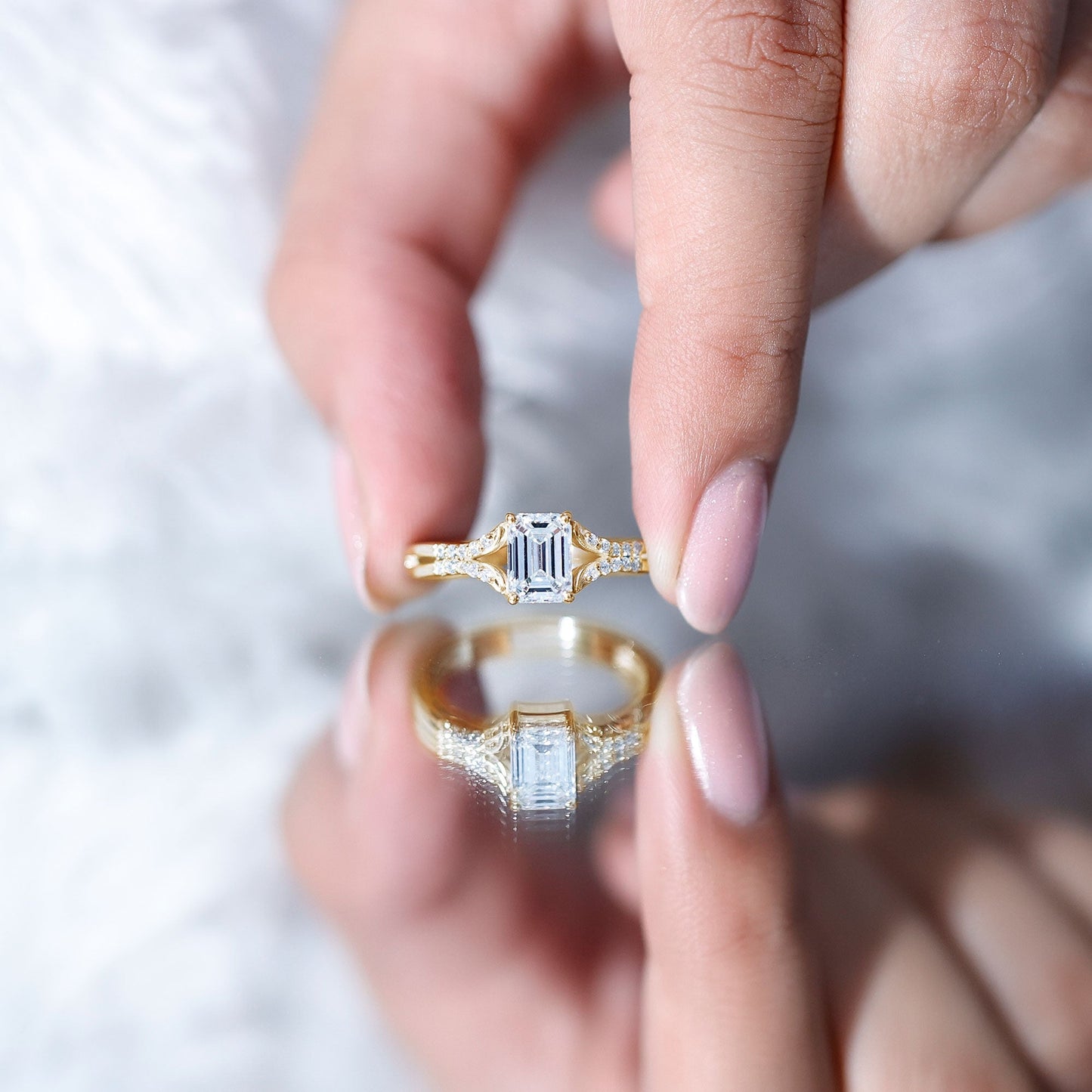 Emerald Cut Lab Diamond Engagement Ring With Split Shank Ring