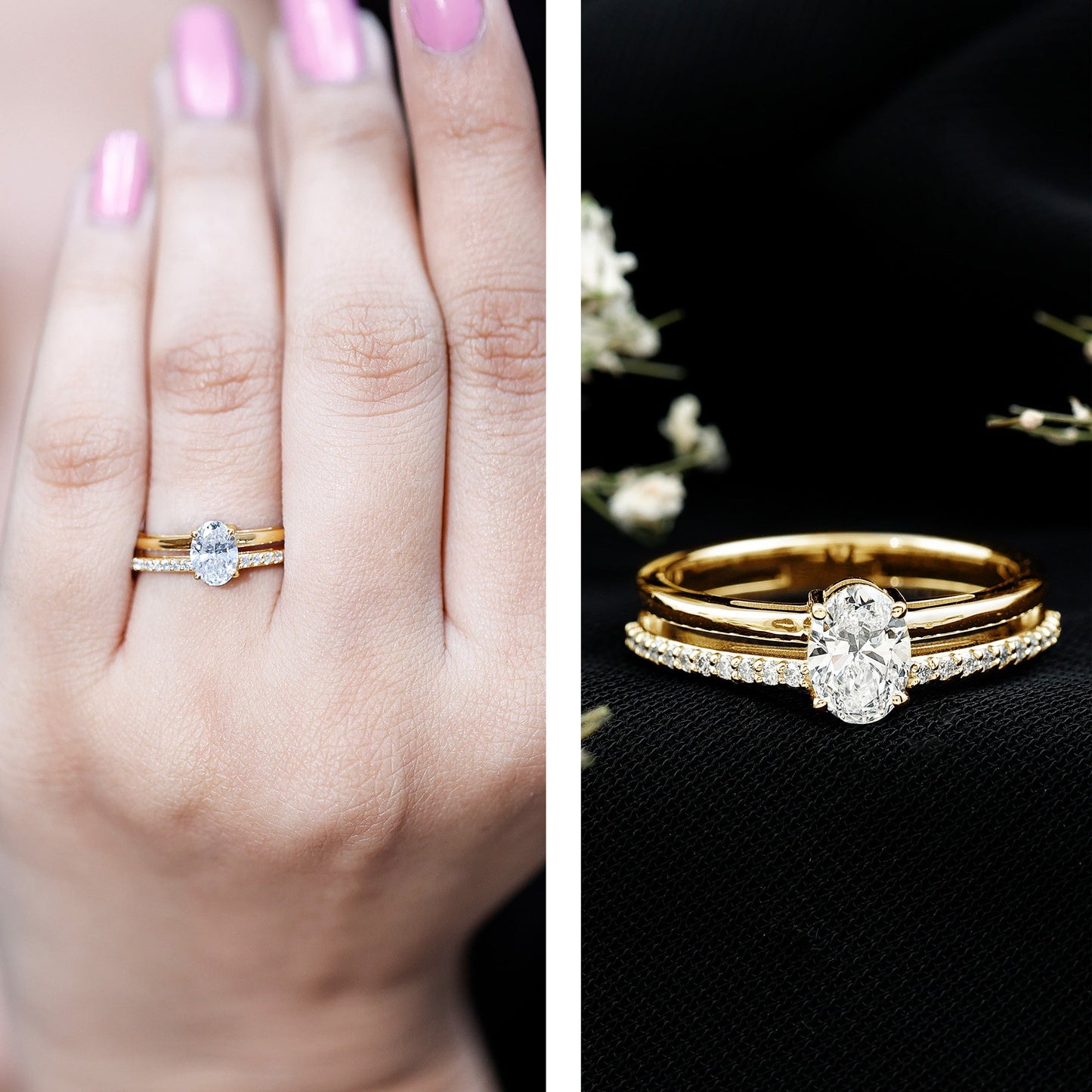 0.75 Carat Oval Cut Diamond Solitaire Double Band Engagement Ring For Her