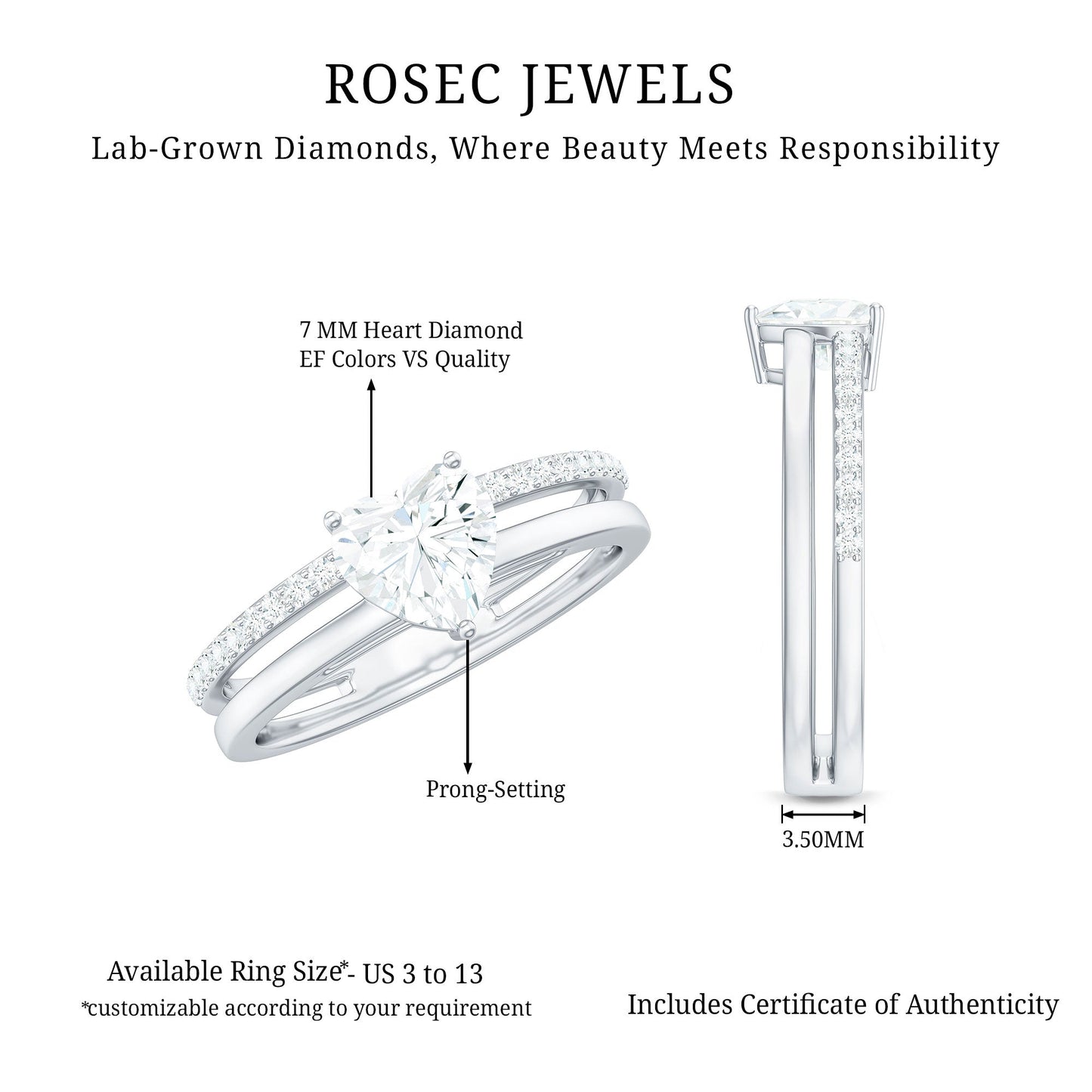 1.2 Carat Heart Shape Lab Grown Diamond Double Band Solitaire Ring