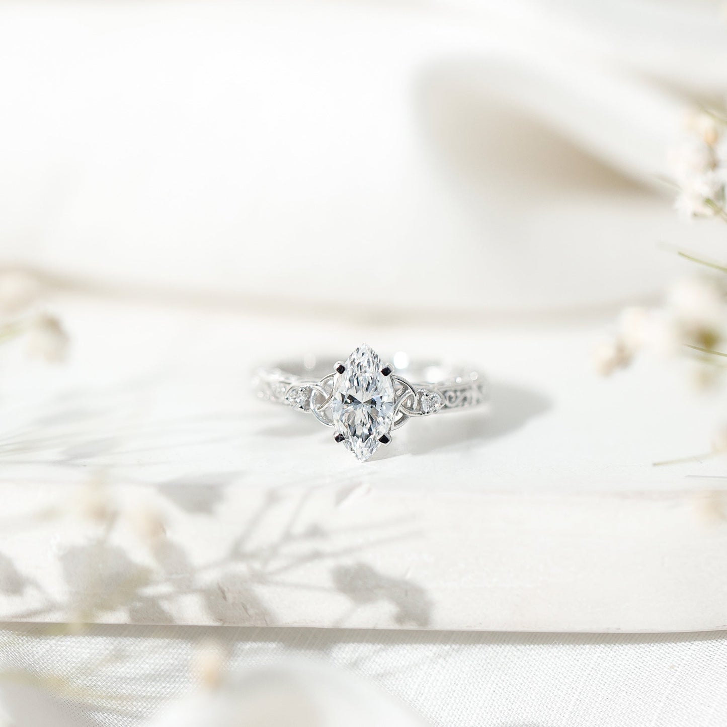 Lab Grown Diamond Marquise Engagement Ring with Celtic Knot Detail
