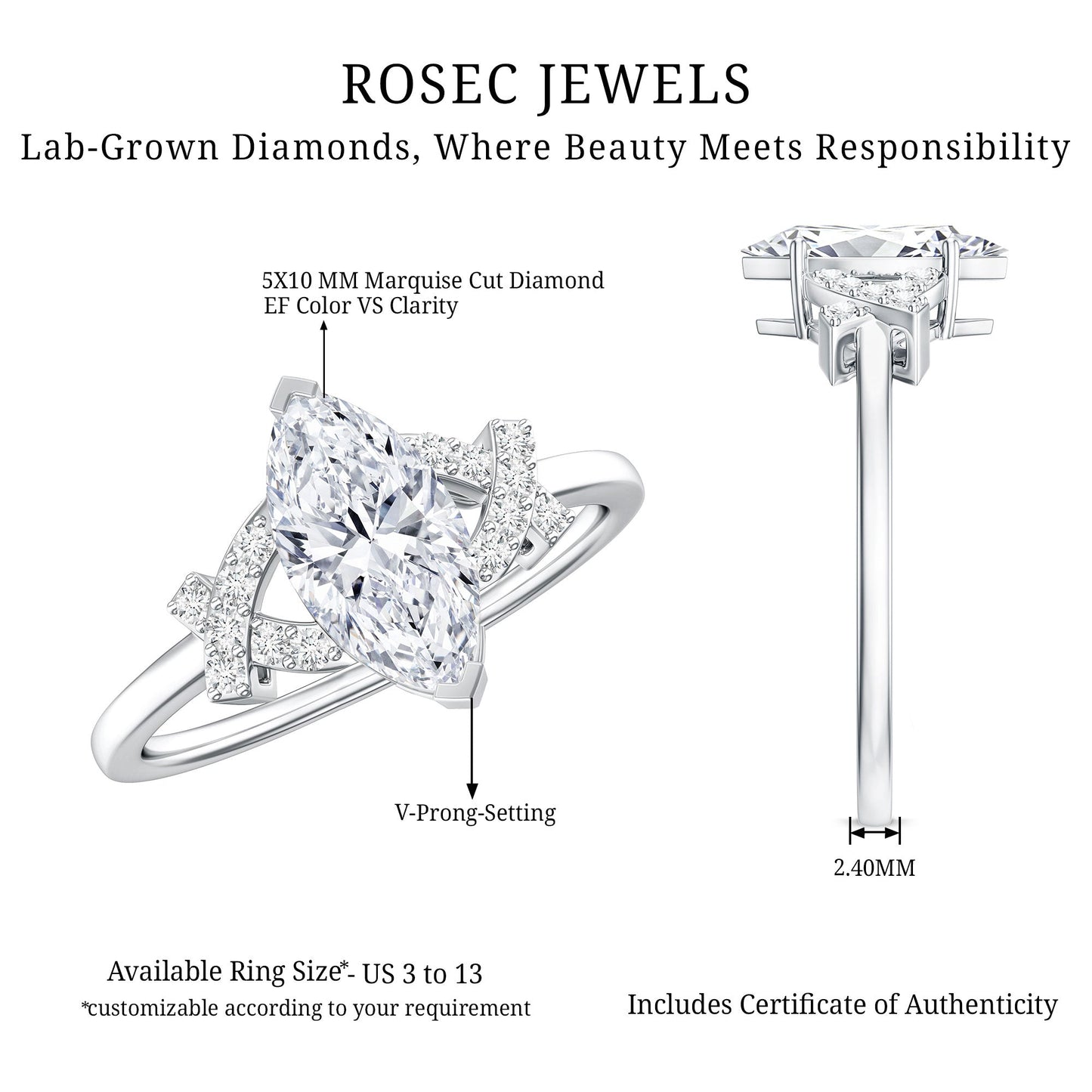 Lab Grown Diamond 1 Carat Marquise Engagement Ring