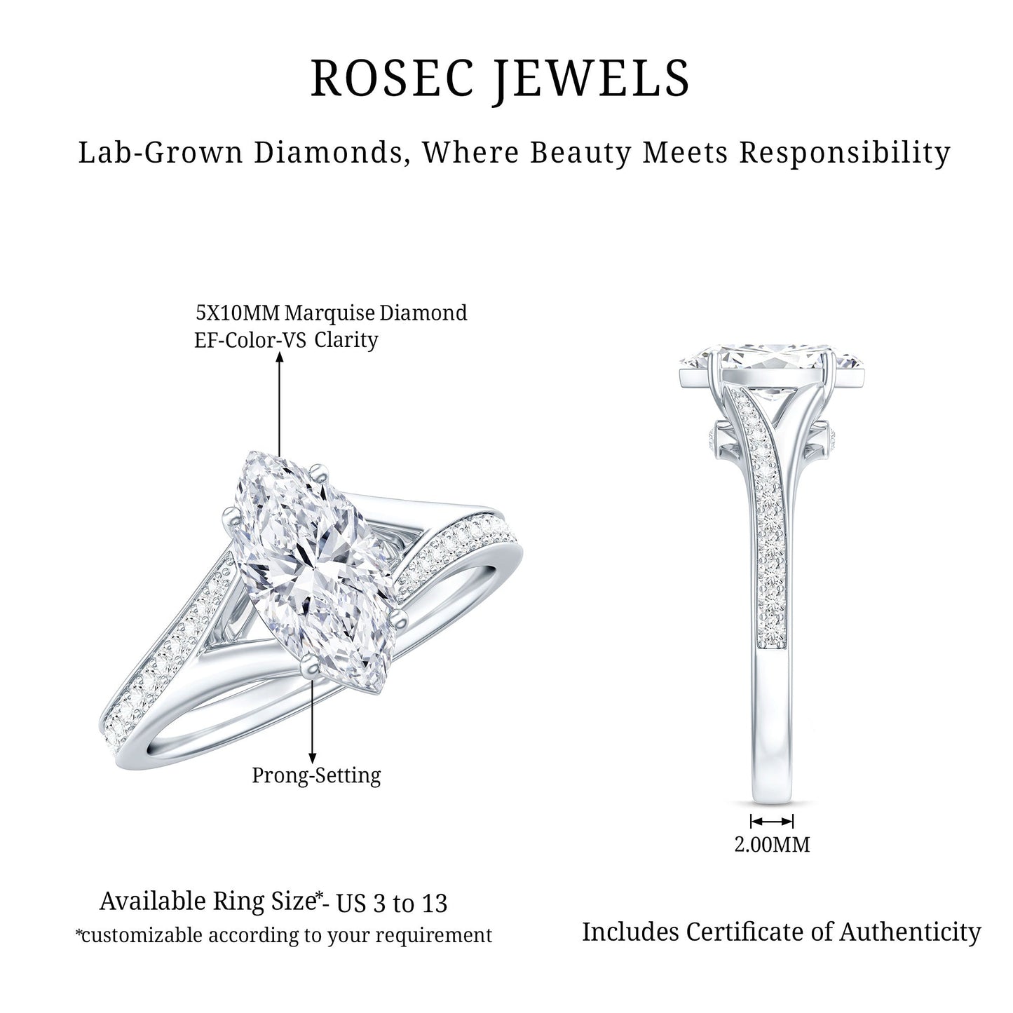 Brilliant Cut Lab Grown Diamond Marquise Engagement Ring with Split Shank