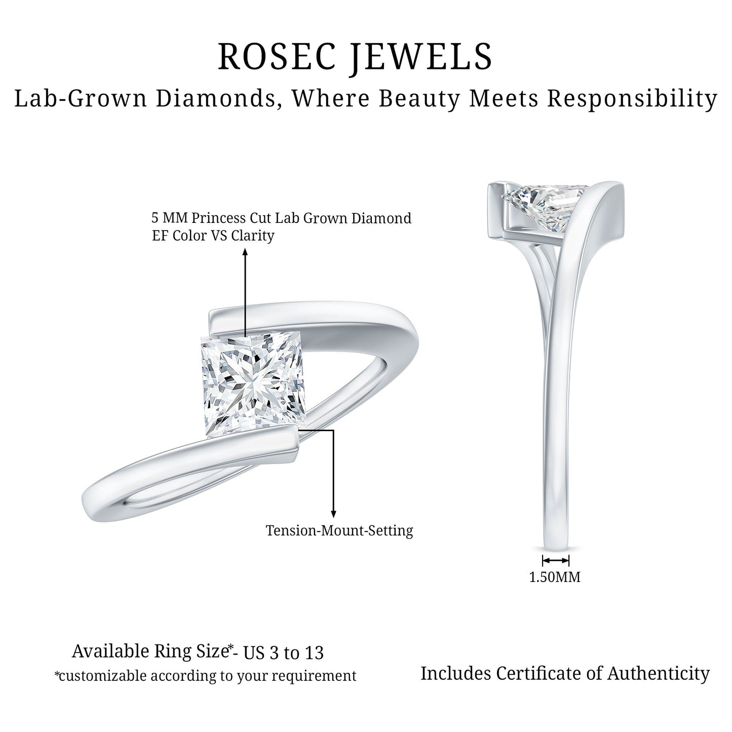 0.8 Carat Princess Cut Lab Grown Diamond Ring With Tension Setting