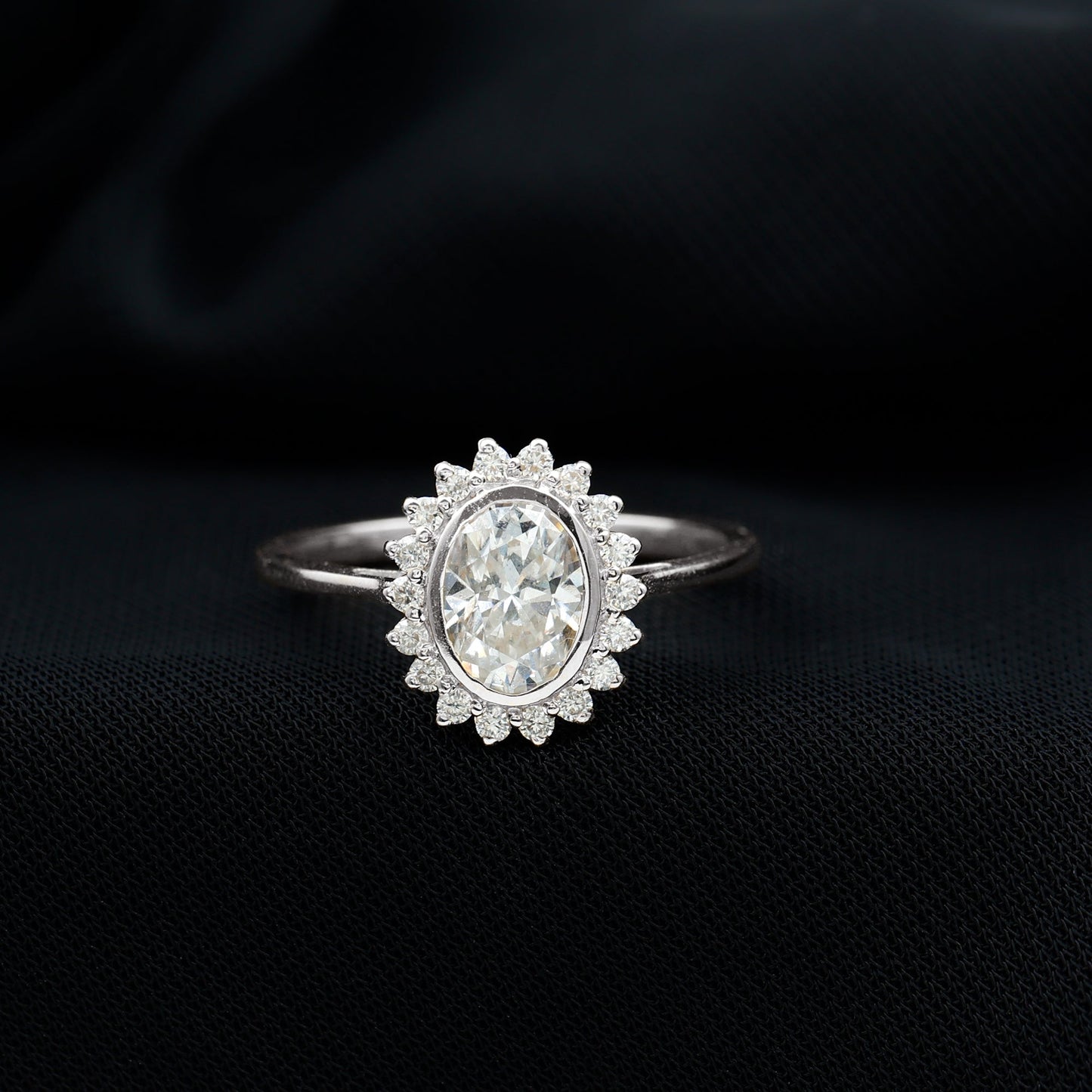 Oval Cut Lab Grown Diamond Halo Engagement Ring in Bezel Setting