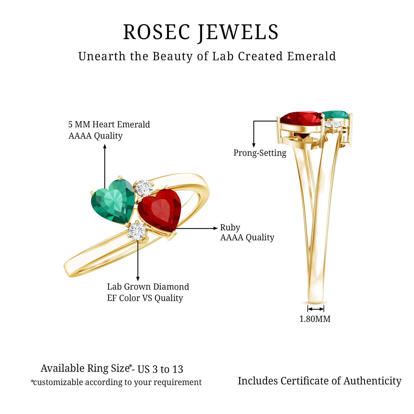 Certified Lab Grown Ruby and Emerald 2 Stone Heart Promise Ring in Silver