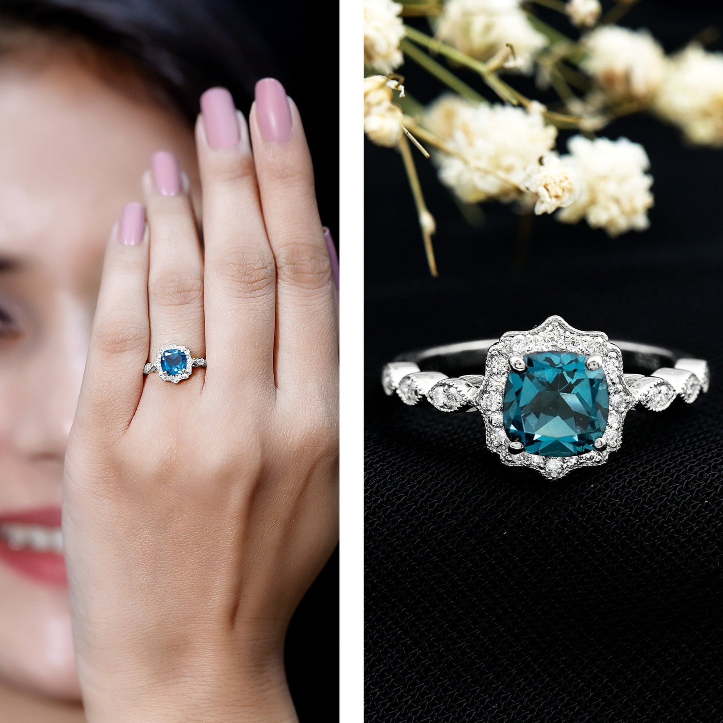 Genuine London Blue Topaz Antique Looking Engagement Ring in Silver