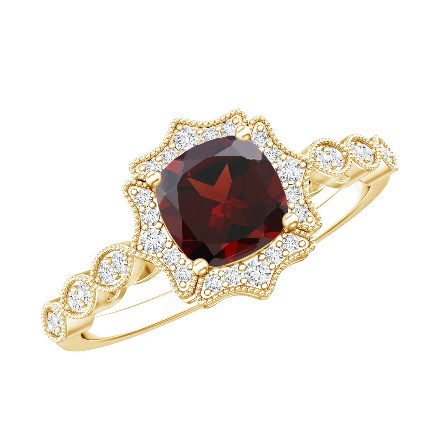 Garnet Vintage Engagement Ring with Lab Diamond Halo