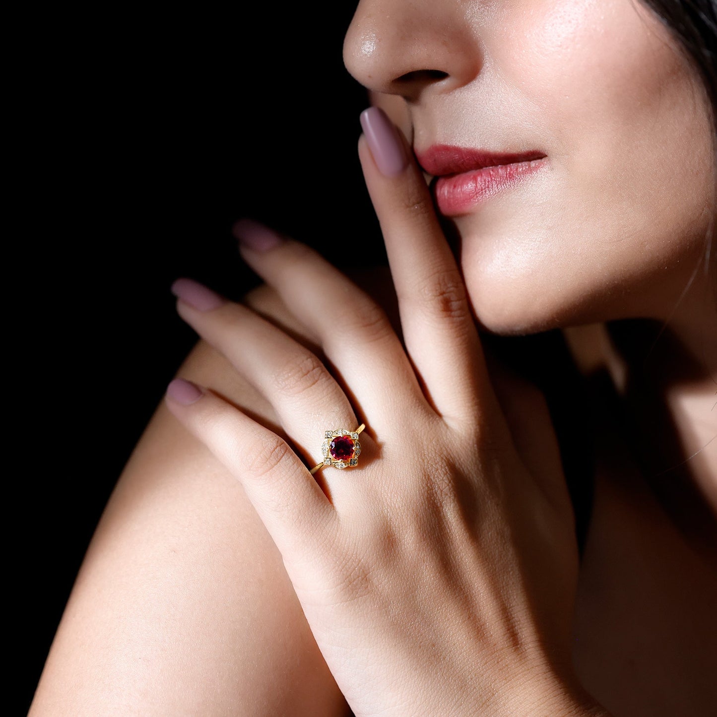 Vintage Style Rhodolite Garnet and Diamond Engagement Ring