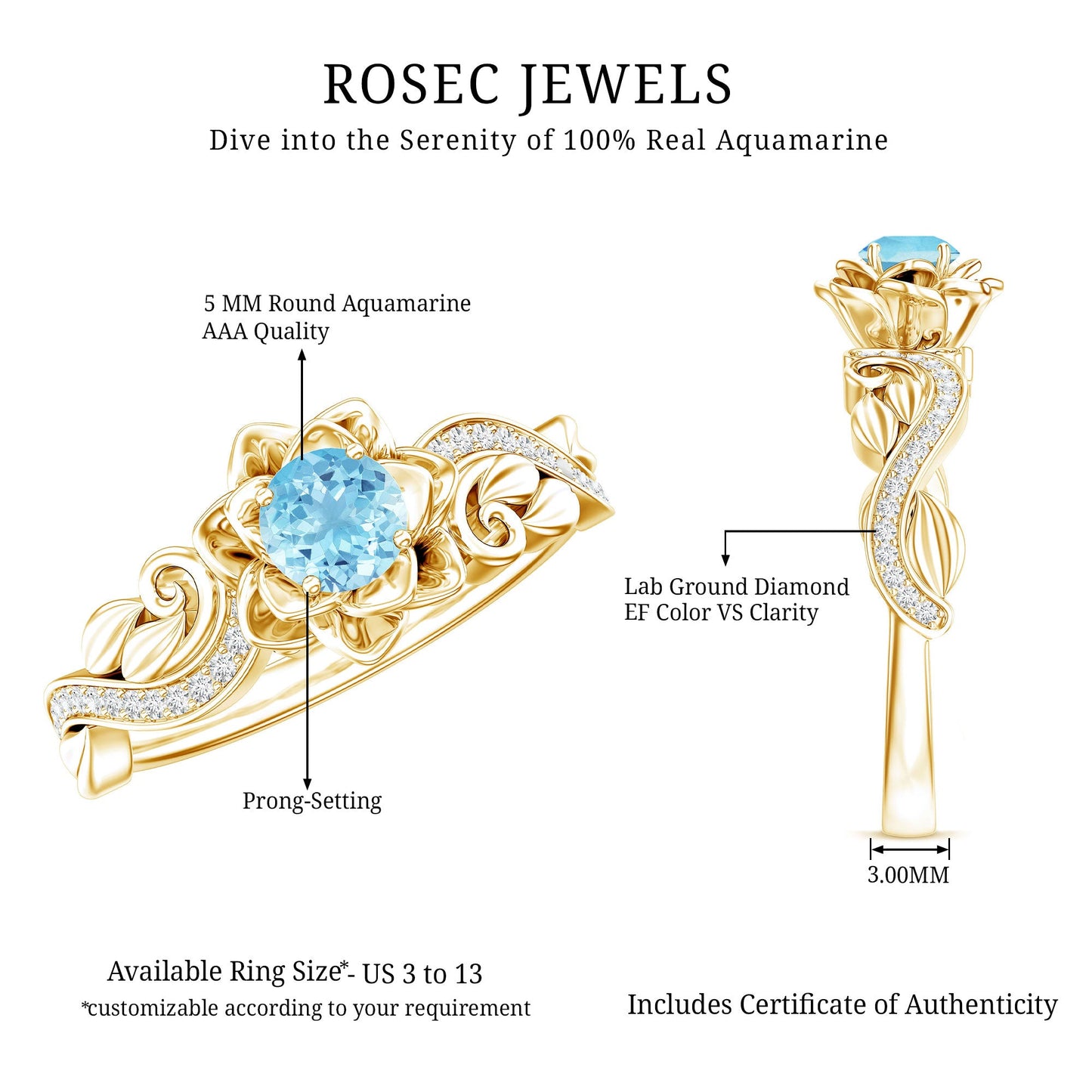 Natural Aquamarine and Diamond Flower Engagement Ring in Gold Plated Silver