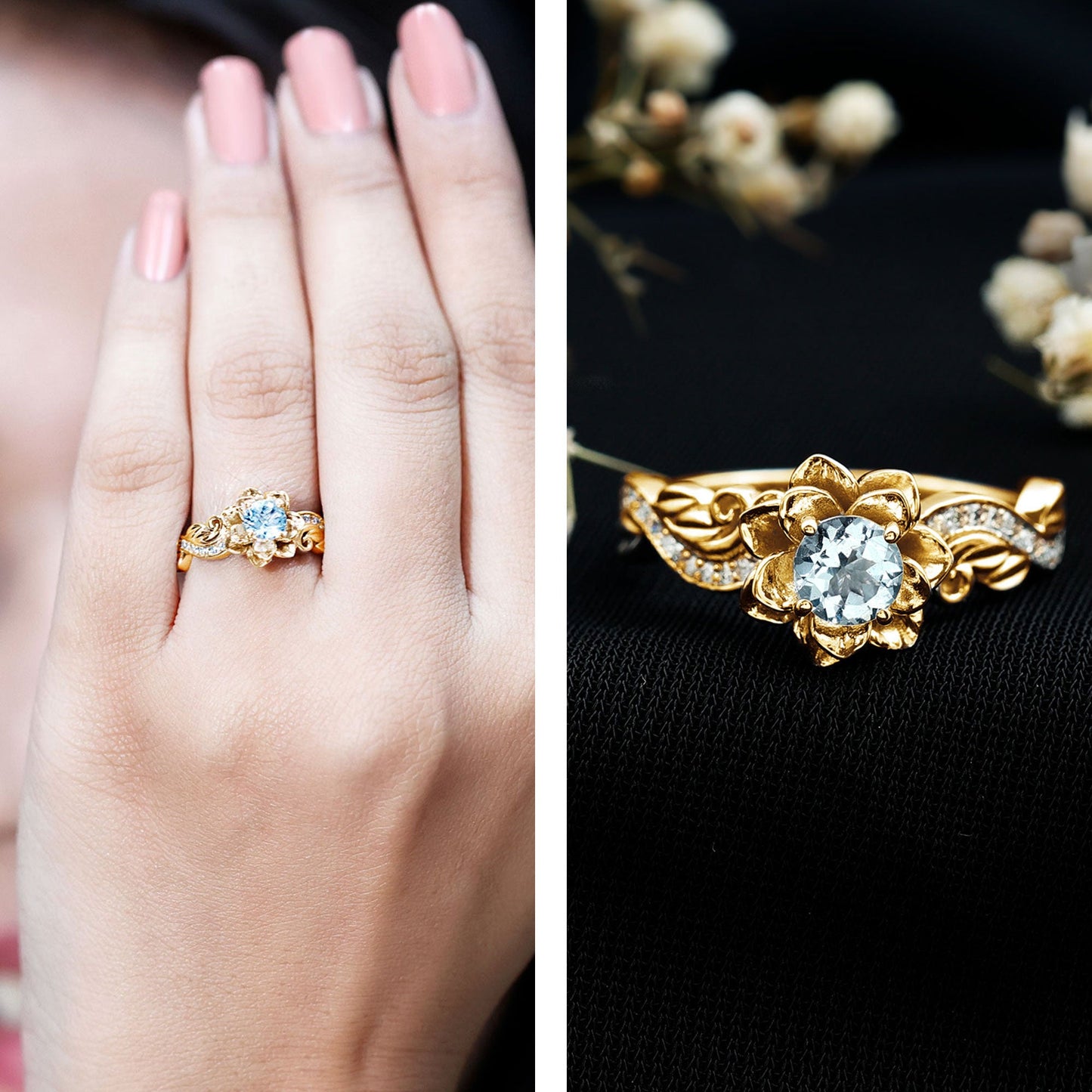 Natural Aquamarine and Diamond Flower Engagement Ring in Gold Plated Silver