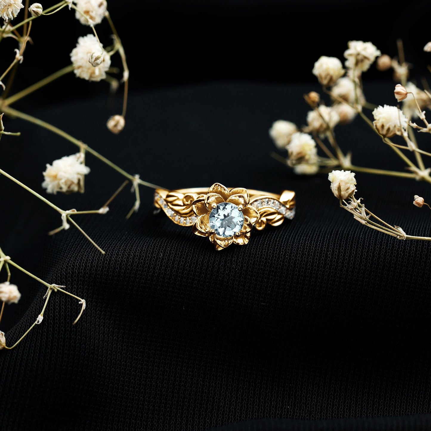 Natural Aquamarine and Diamond Flower Engagement Ring in Gold Plated Silver