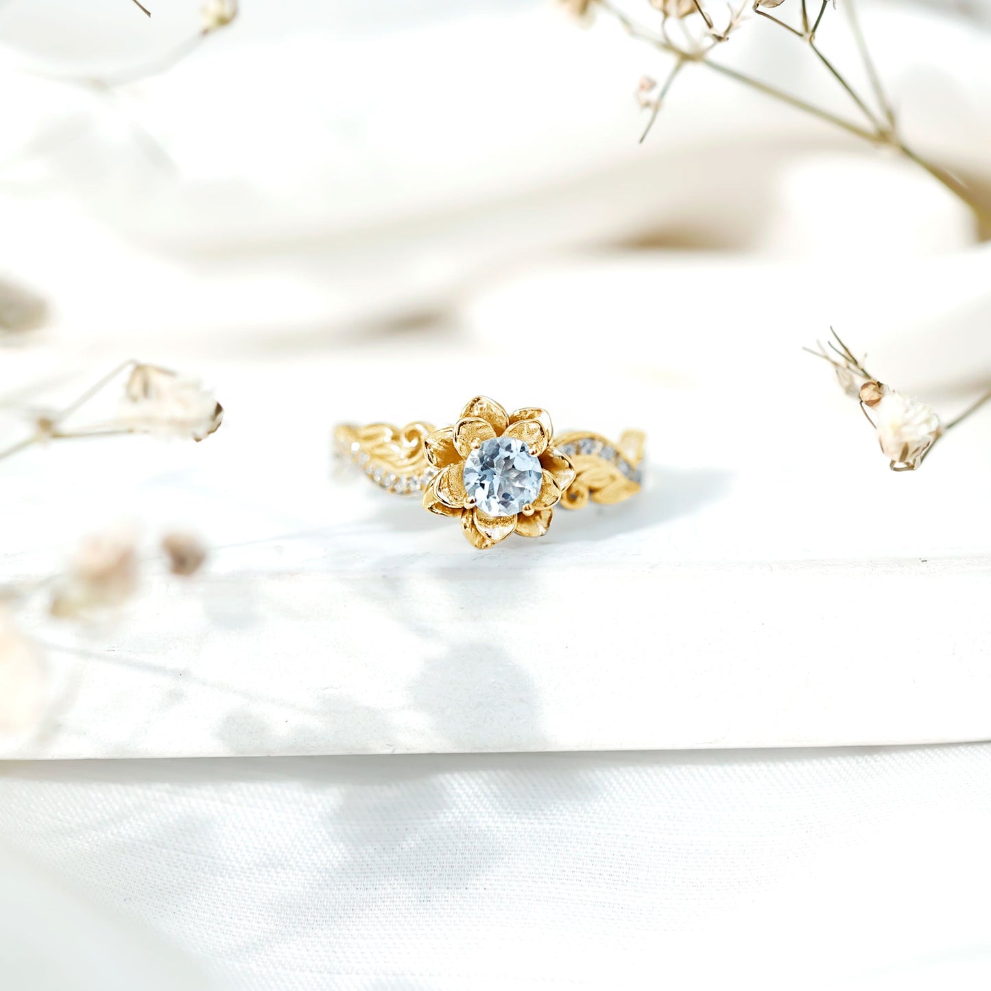 Natural Aquamarine and Diamond Flower Engagement Ring in Gold Plated Silver