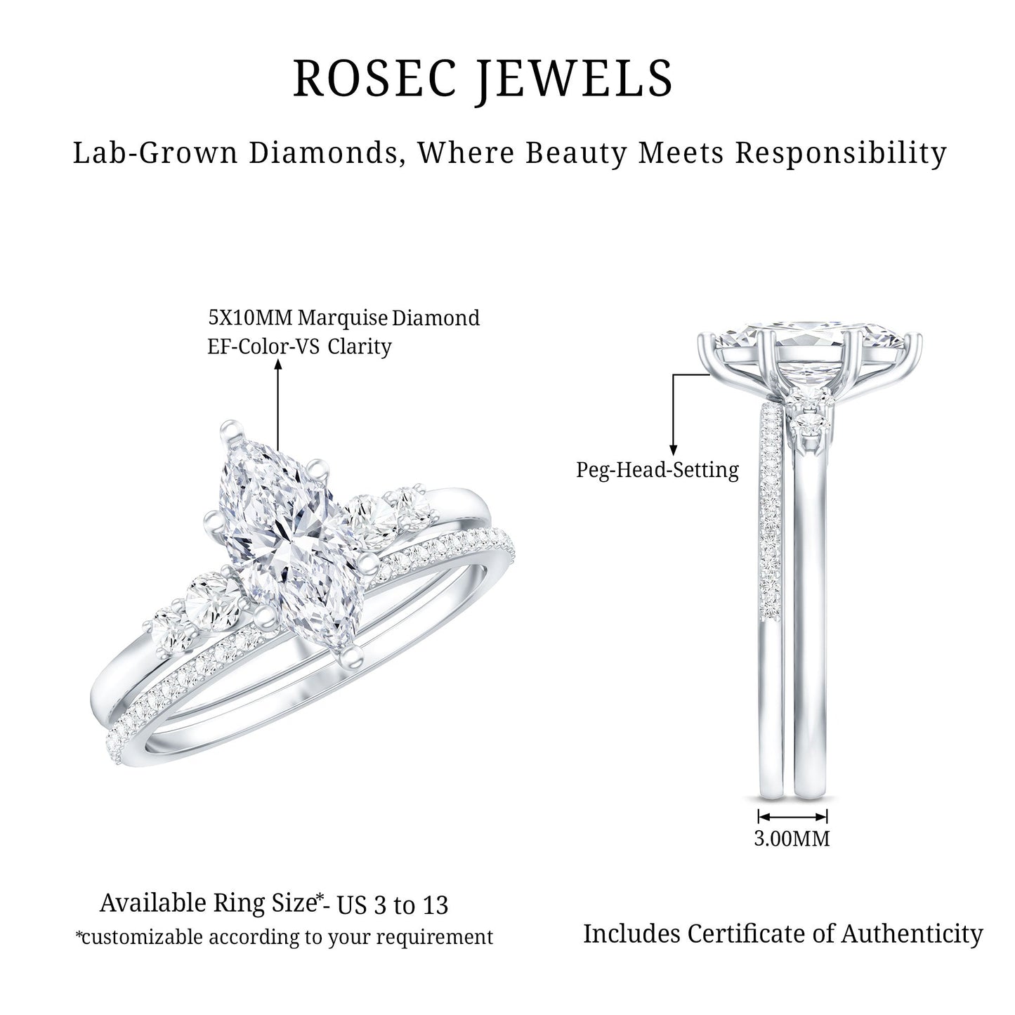 Lab Grown Diamond 1 Carat Marquise Engagement Ring with Wedding Band