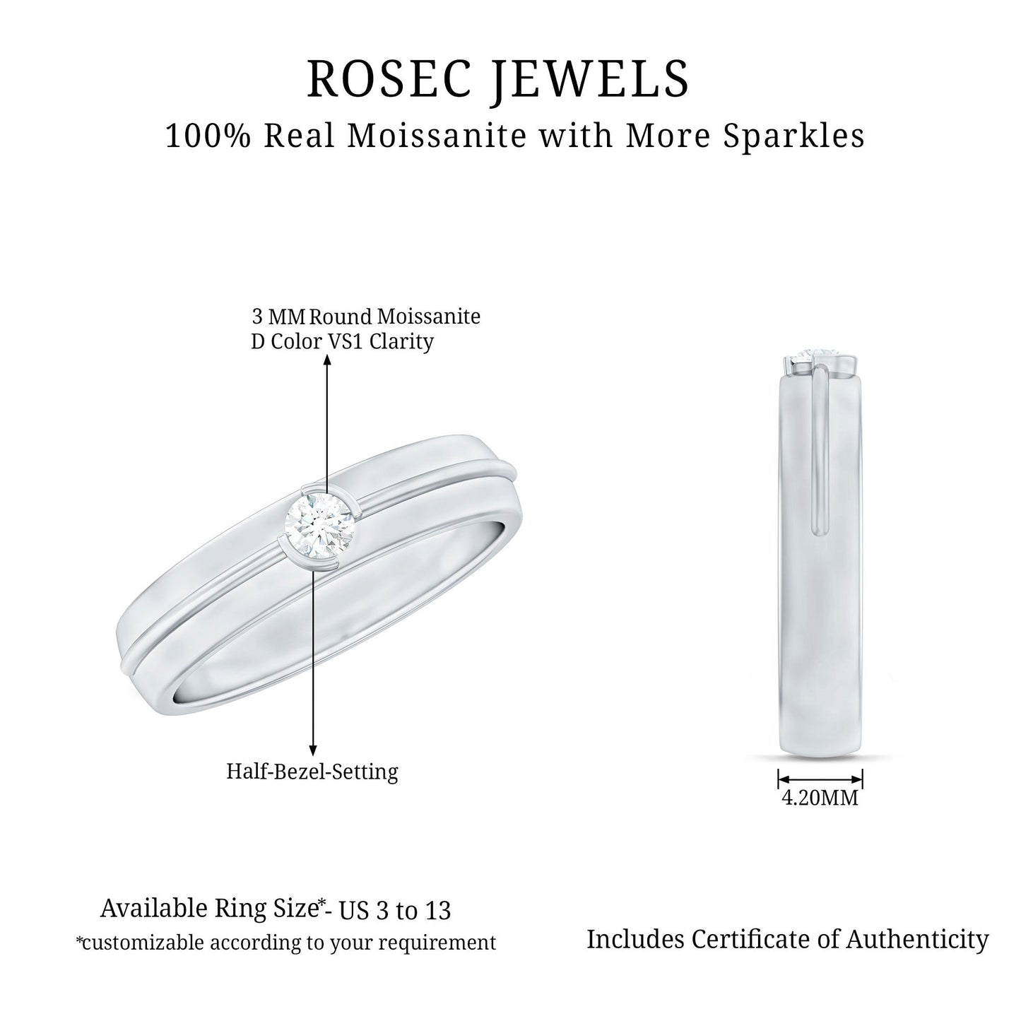Bezel Set Round Moissanite Mens Wedding Band Ring