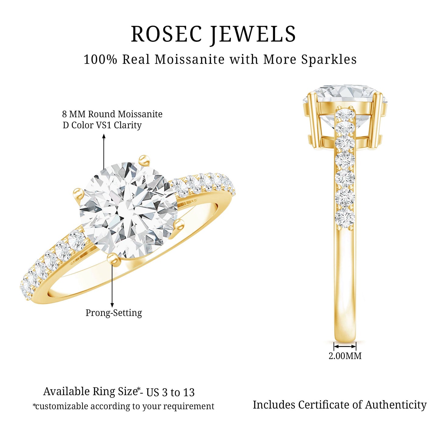 2 Carat Round Shape Moissanite Solitaire Engagement Ring with Certificate