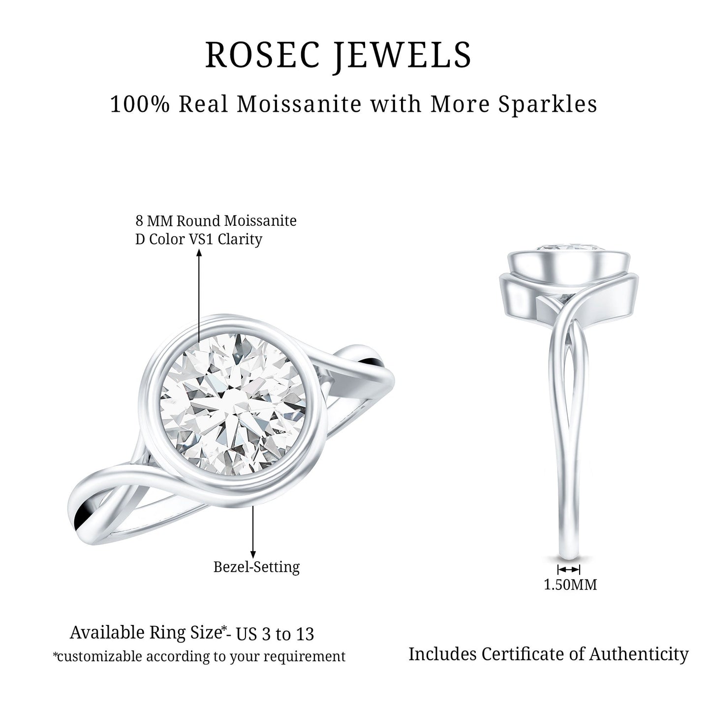 Certified Moissanite Bezel Set Engagement Ring with Crossover Shank