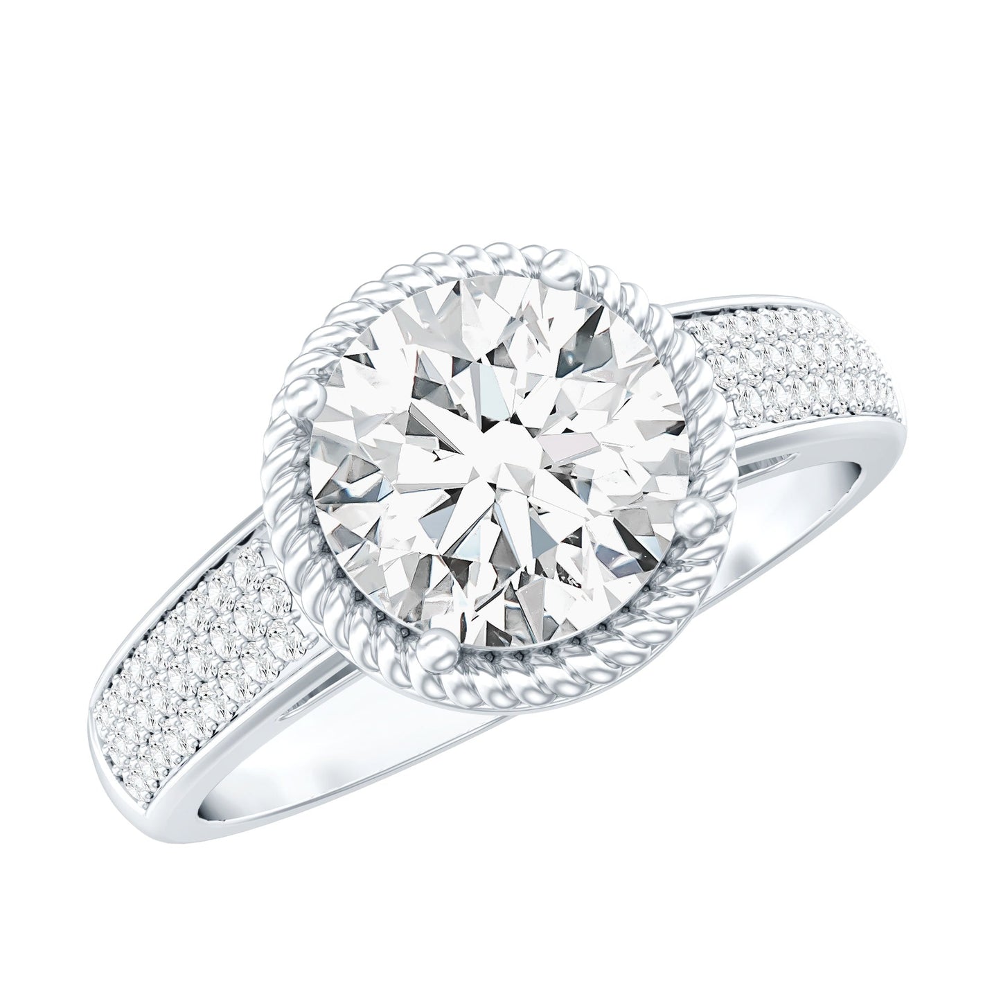 2 Carat Moissanite Round Cut Engagement Ring With Side Stones