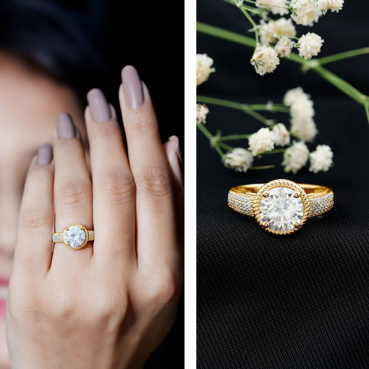 2 Carat Moissanite Round Cut Engagement Ring With Side Stones