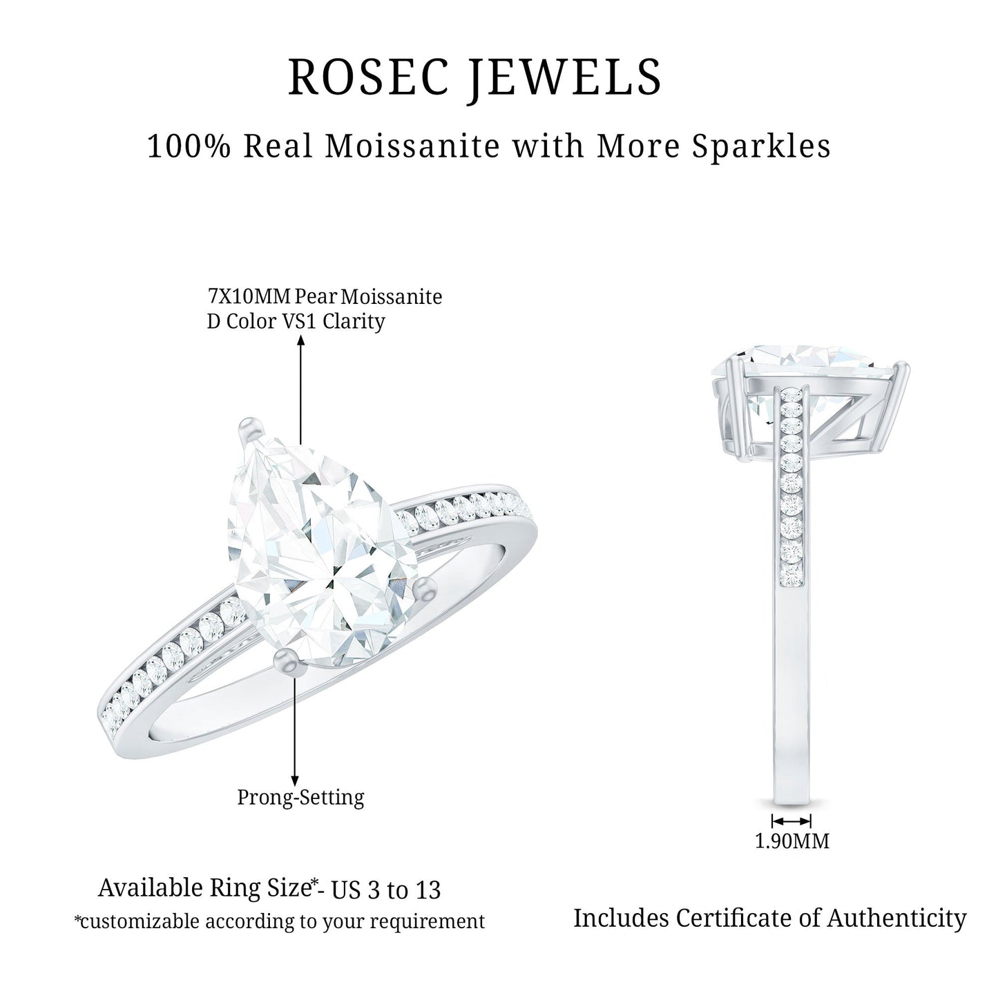 Solitaire Moissanite Pear Engagement Ring with Certificate