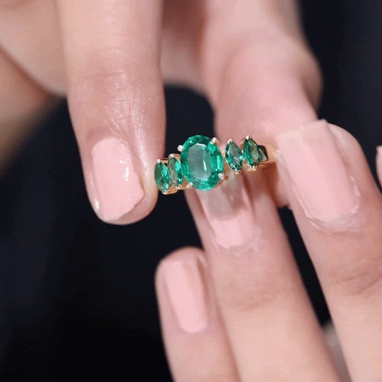 Oval and Marquise Cut Lab Created Emerald Five Stone Ring