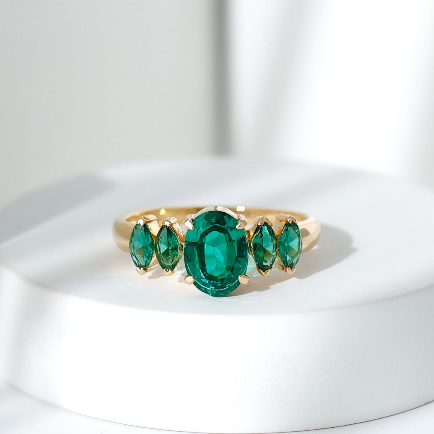 Oval and Marquise Cut Lab Created Emerald Five Stone Ring