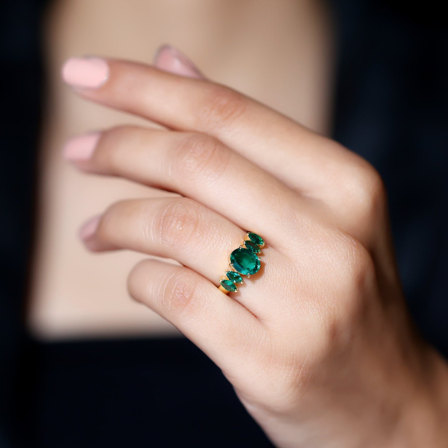 Oval and Marquise Cut Lab Created Emerald Five Stone Ring