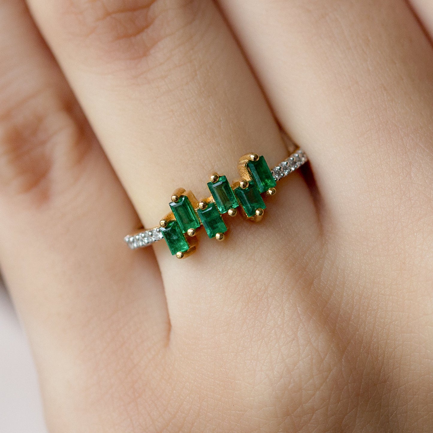 Baguette Cut Emerald Promise Ring with Diamond Side Stones