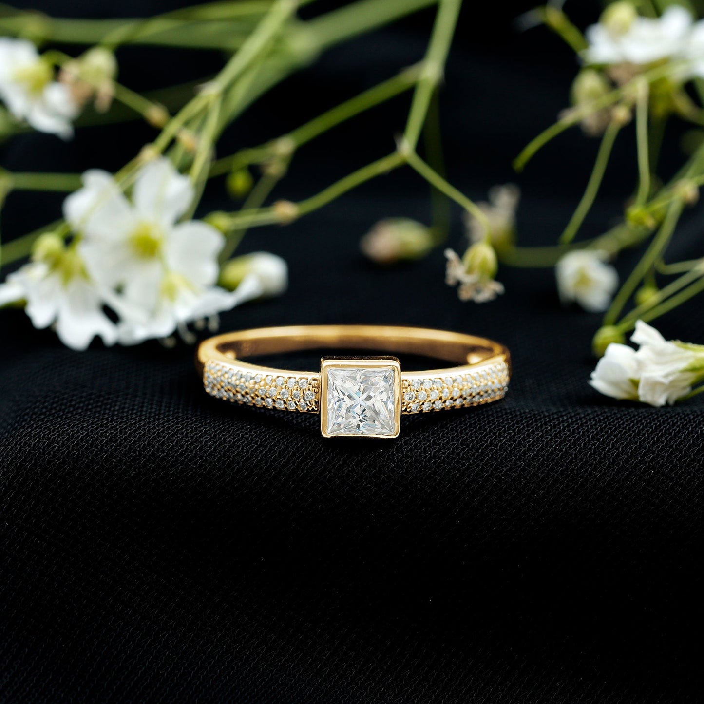 Princess Cut Moissanite Solitaire Engagement Ring in Bezel Setting