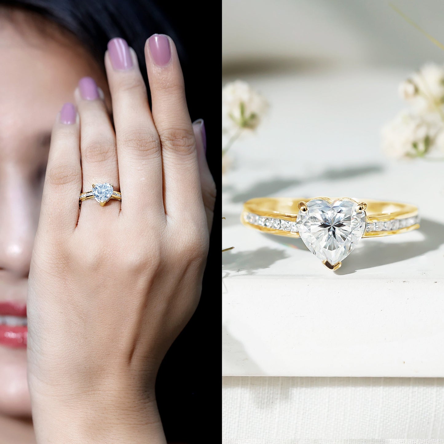 Moissanite 2 Carat Heart Engagement Ring with Side Stones