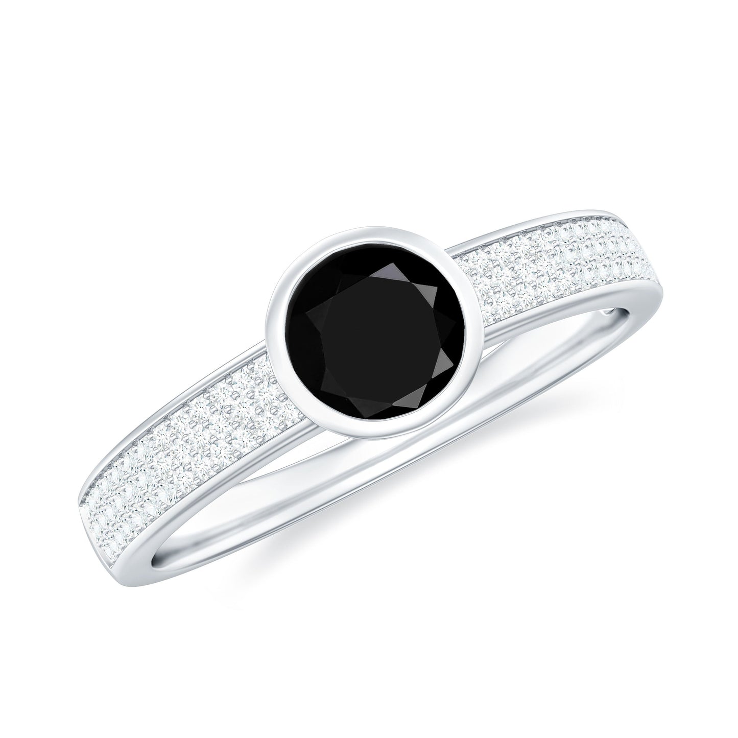 Natural Black Spinel Bezel Set Engagement Ring with Diamond Side Stones