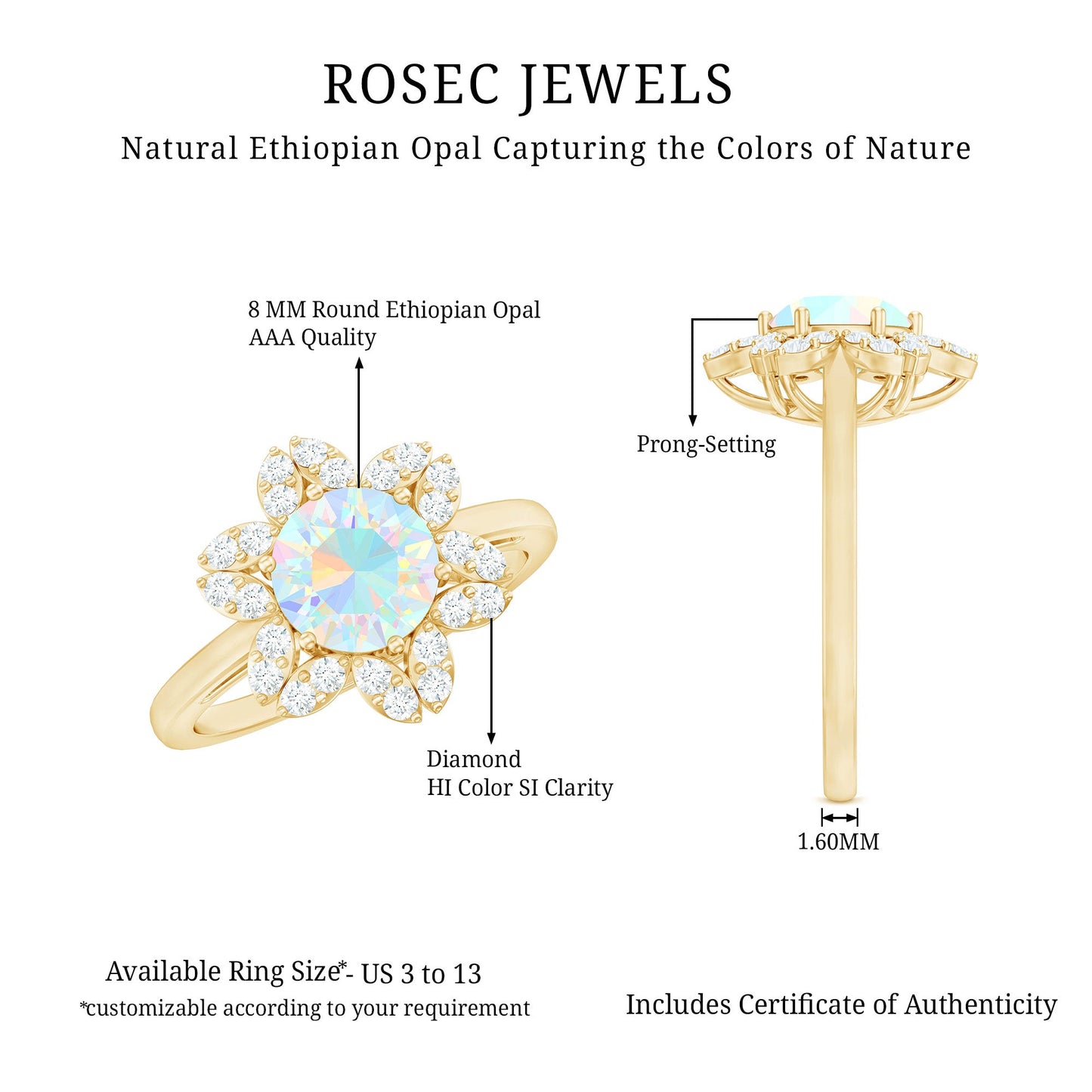 2 Carat Round Shape Ethiopian Opal Floral Engagement Ring with Diamond