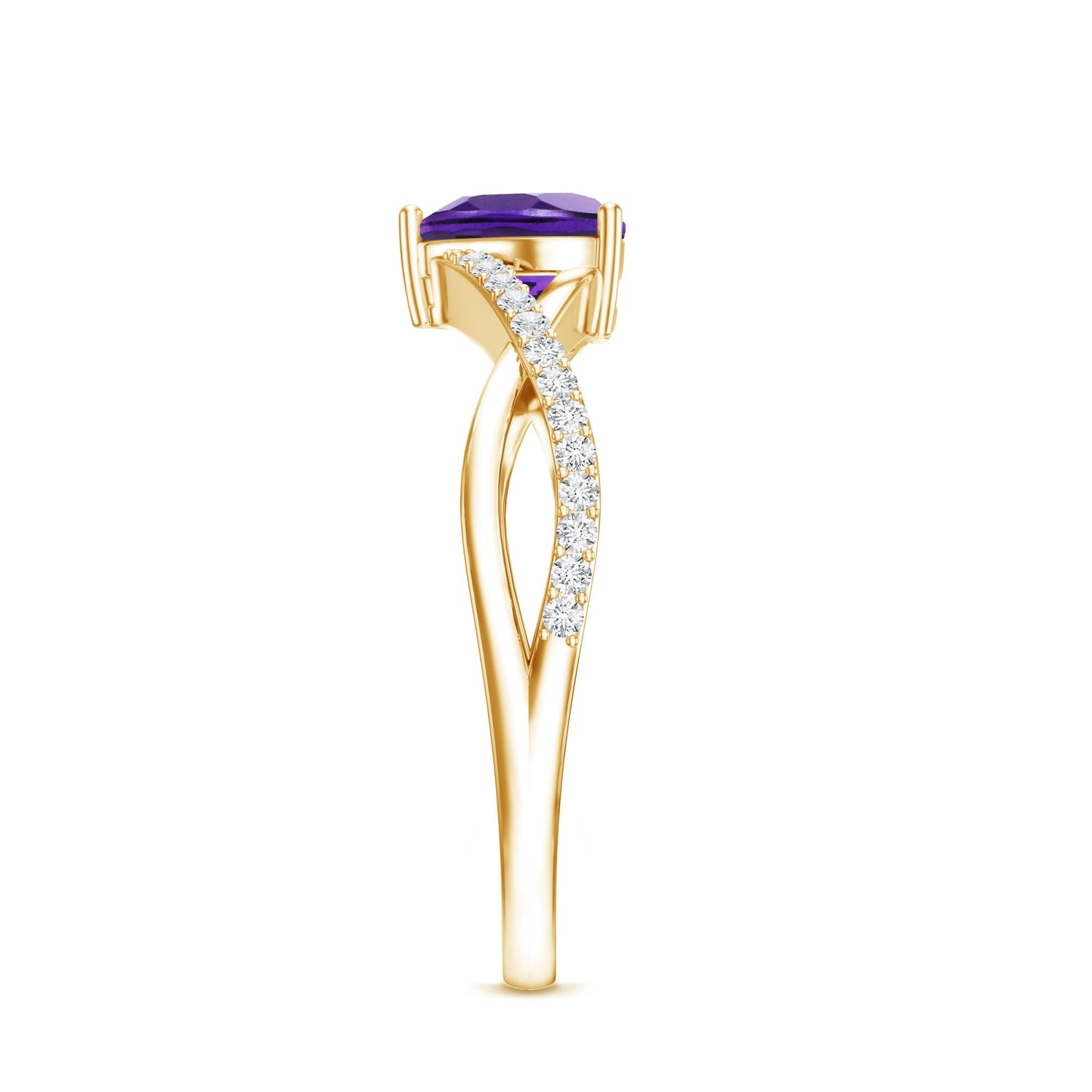 Genuine 0.9 Carat Amethyst Heart Engagement Ring with Diamond Crossover Shank