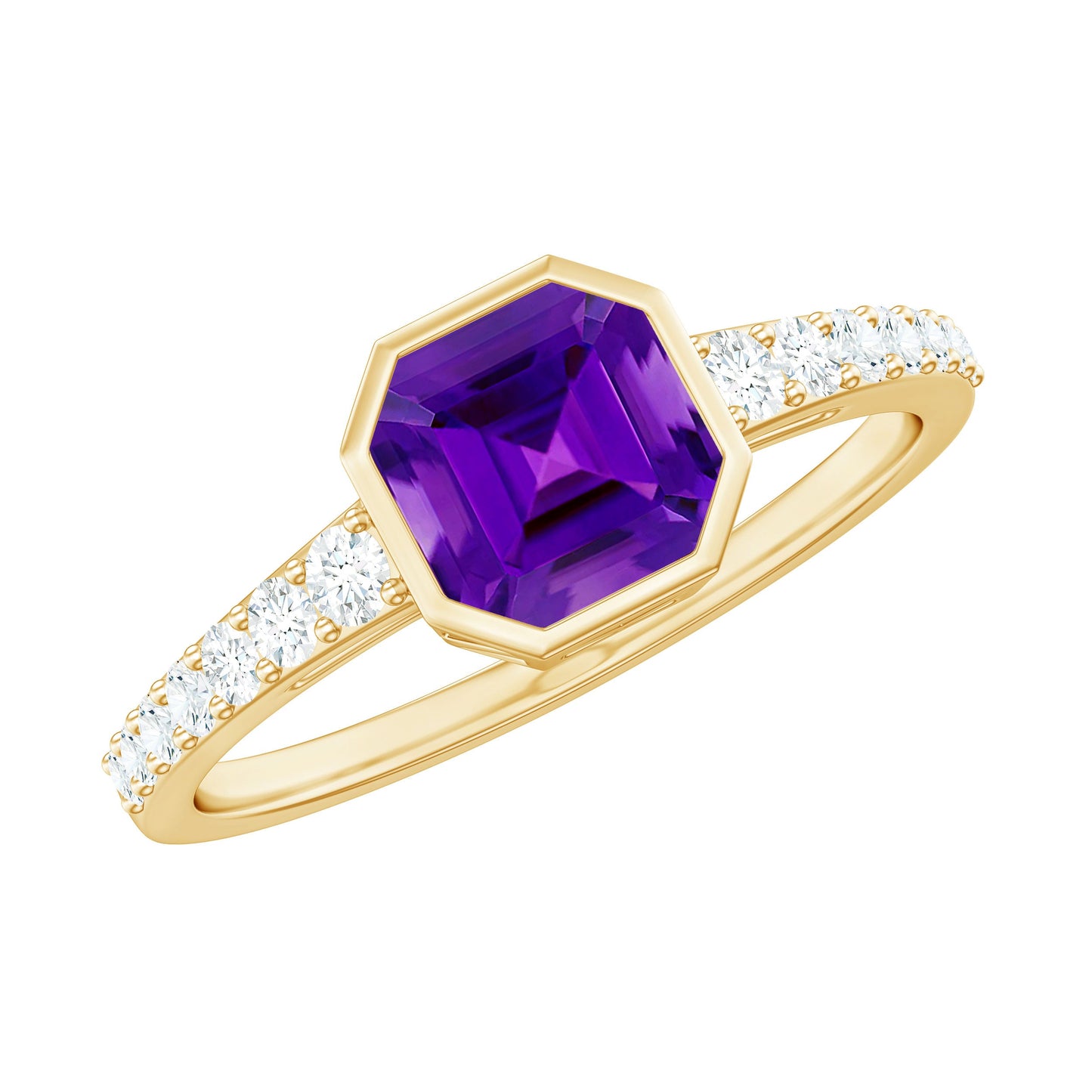 Bezel Asscher Amethyst Solitaire Ring with Diamond Side Stones