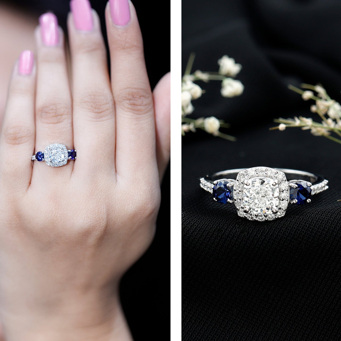 Certified 1.7 Carat Cushion Cut Lab Grown Diamond Engagement Ring with Blue Sapphire