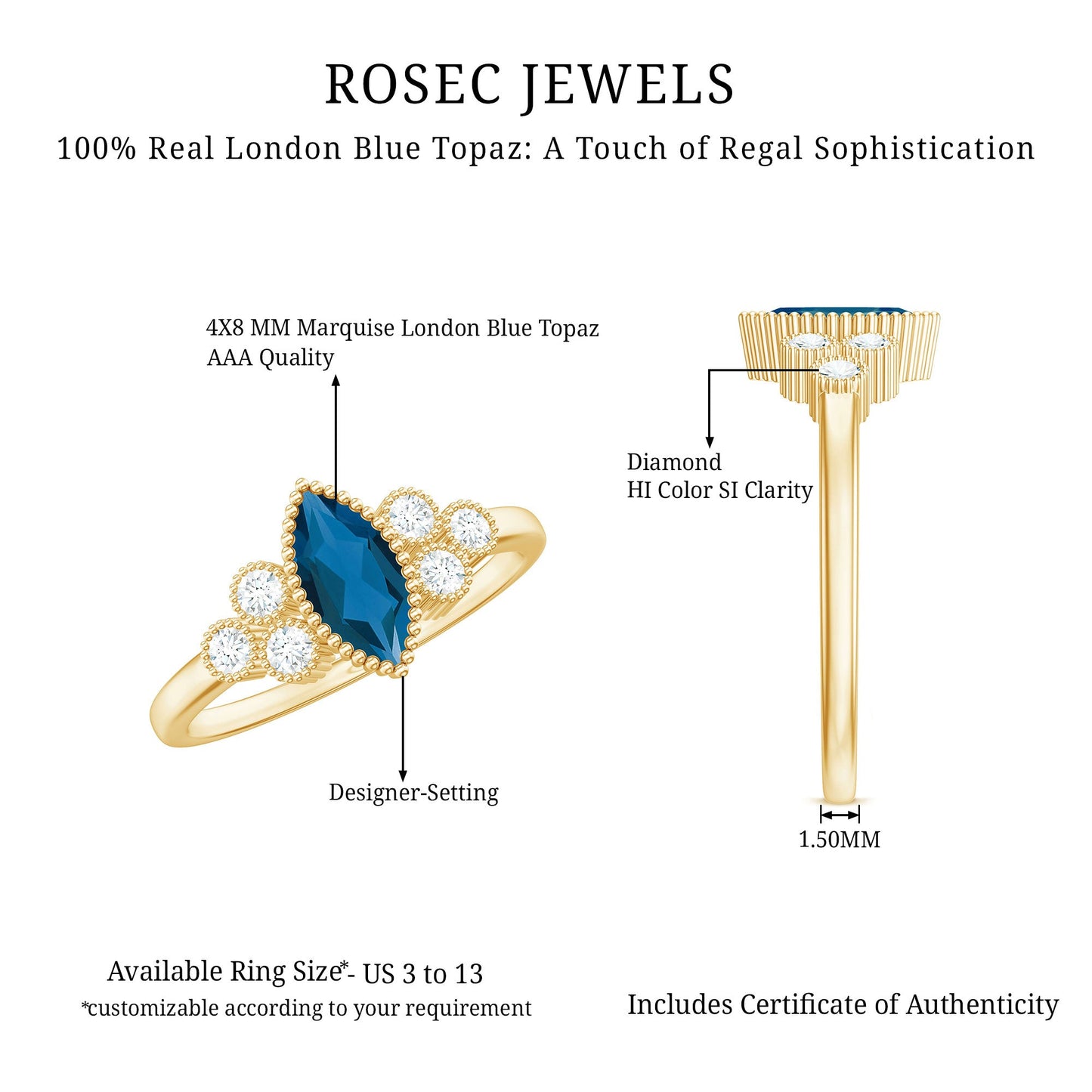 London Blue Topaz Marquise Engagement Ring with Diamond Trio