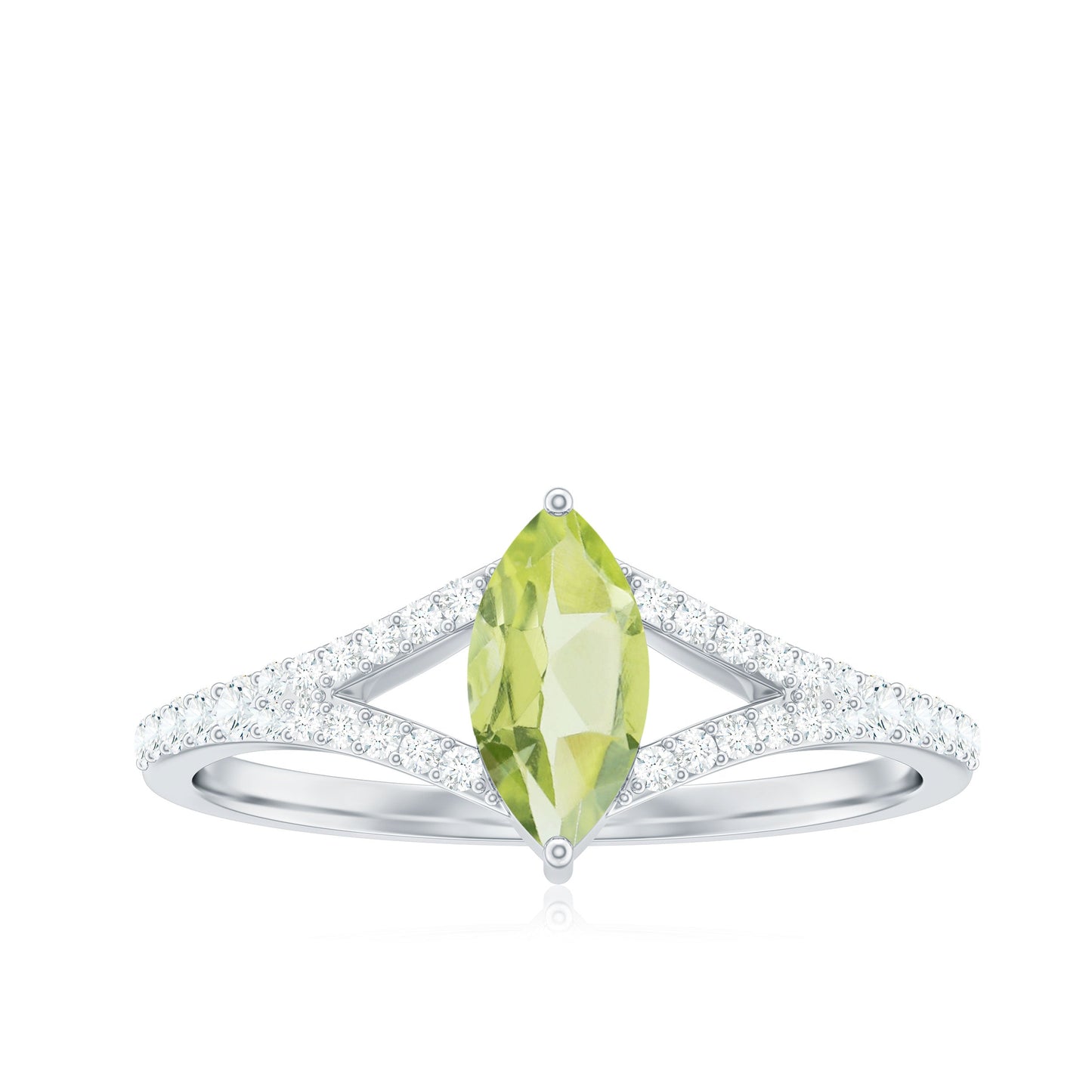 Natural 0.7 Carat Marquise Shape Peridot Promise Ring with Diamond Split Shank