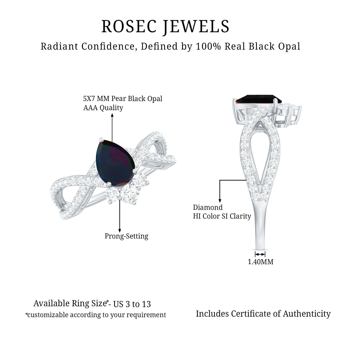 Designer Black Opal Teardrop Crossover Ring with Diamond